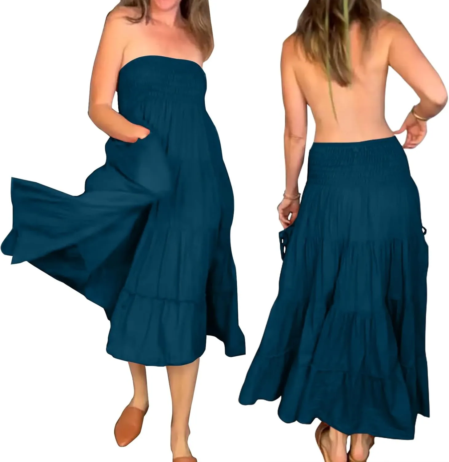 Maxi Skirts for Women Summer Elastic High Waist Flowy Boho Classic Pleated Tiered Beach Long Dress with Pockets