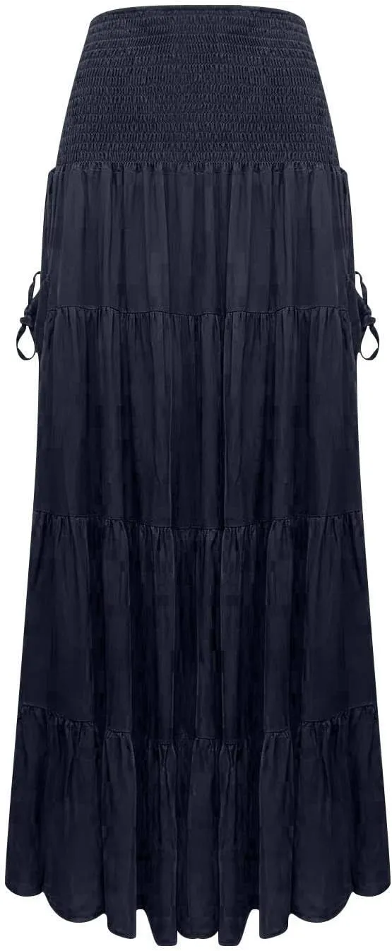 Maxi Skirts for Women Summer Elastic High Waist Flowy Boho Classic Pleated Tiered Beach Long Dress with Pockets