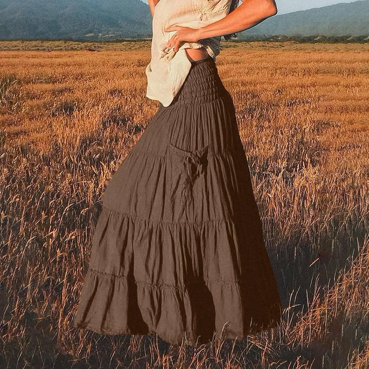 Maxi Skirts for Women Summer Elastic High Waist Flowy Boho Classic Pleated Tiered Beach Long Dress with Pockets