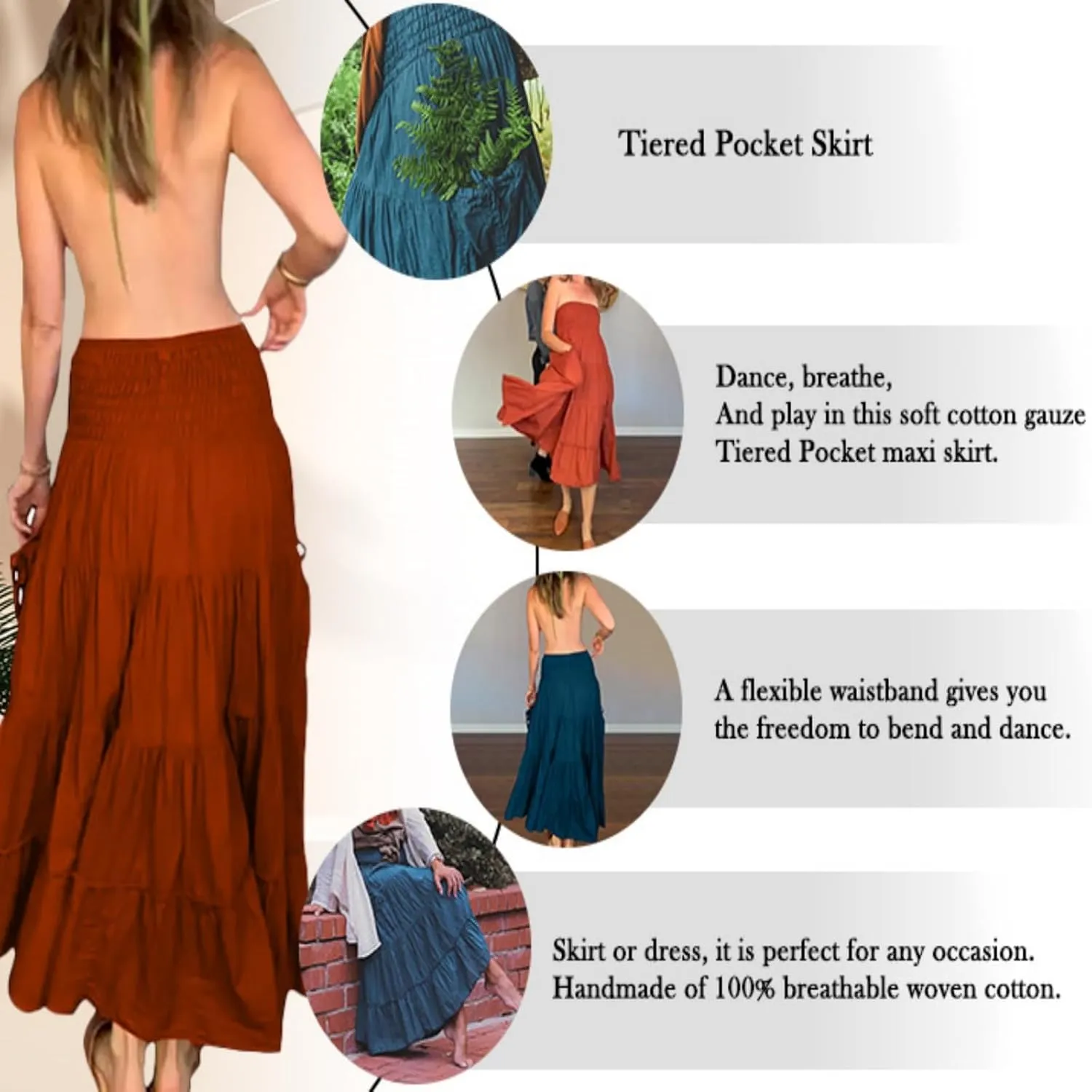 Maxi Skirts for Women Summer Elastic High Waist Flowy Boho Classic Pleated Tiered Beach Long Dress with Pockets