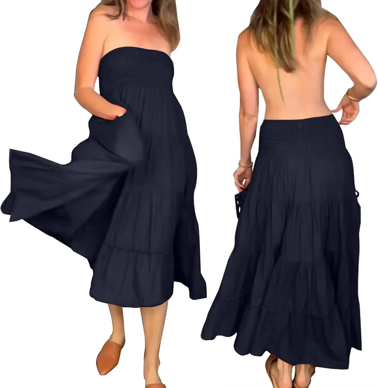 Maxi Skirts for Women Summer Elastic High Waist Flowy Boho Classic Pleated Tiered Beach Long Dress with Pockets