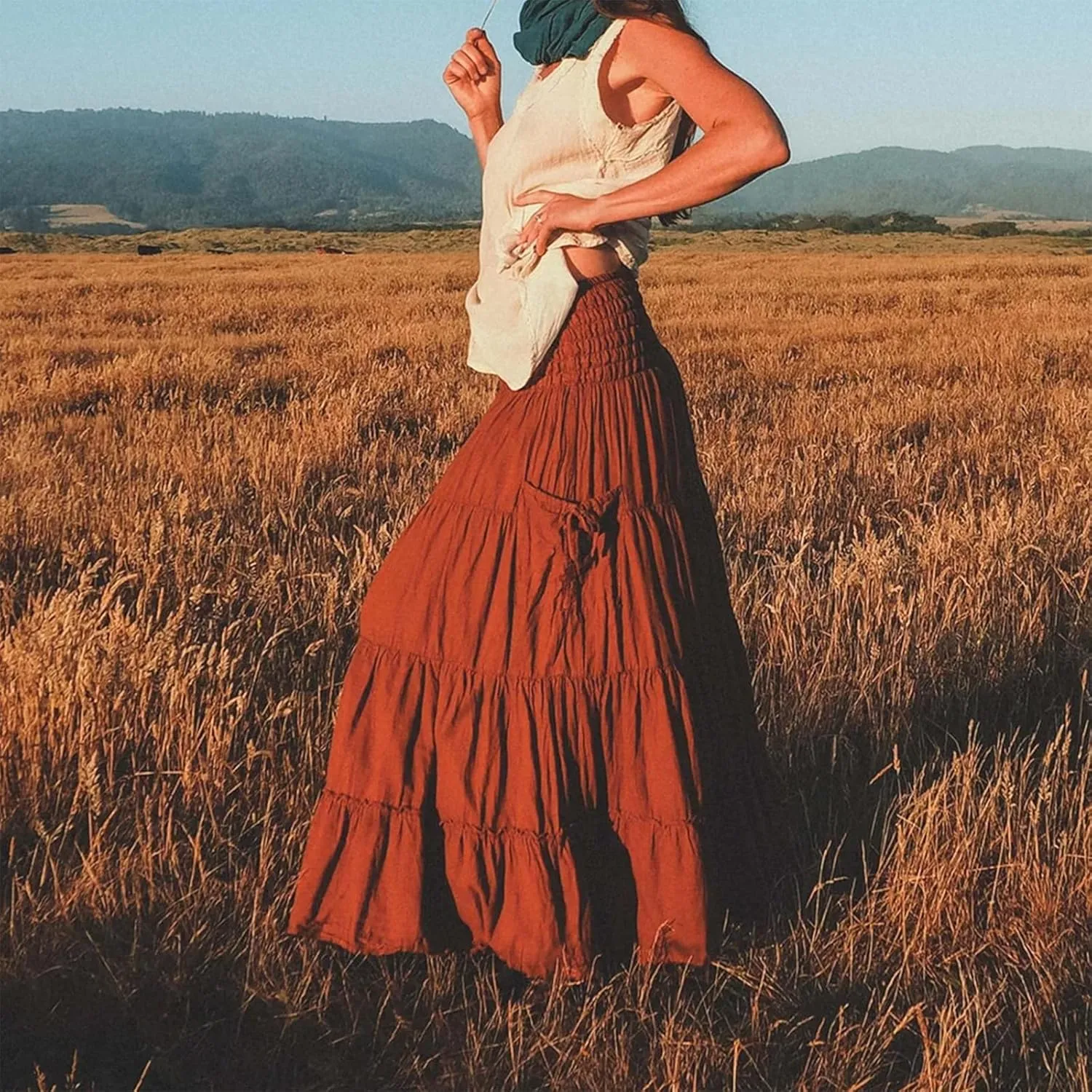 Maxi Skirts for Women Summer Elastic High Waist Flowy Boho Classic Pleated Tiered Beach Long Dress with Pockets