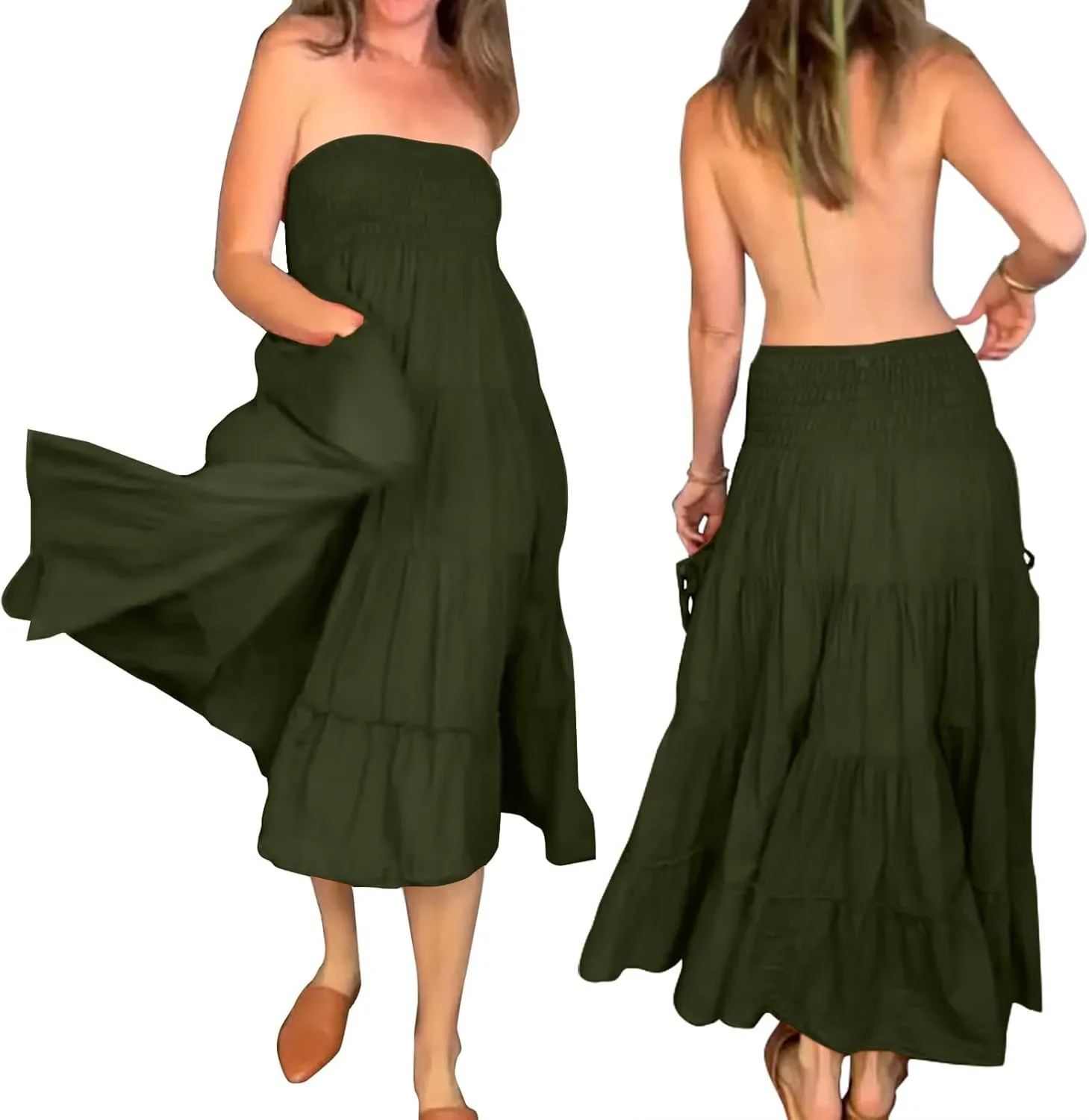 Maxi Skirts for Women Summer Elastic High Waist Flowy Boho Classic Pleated Tiered Beach Long Dress with Pockets