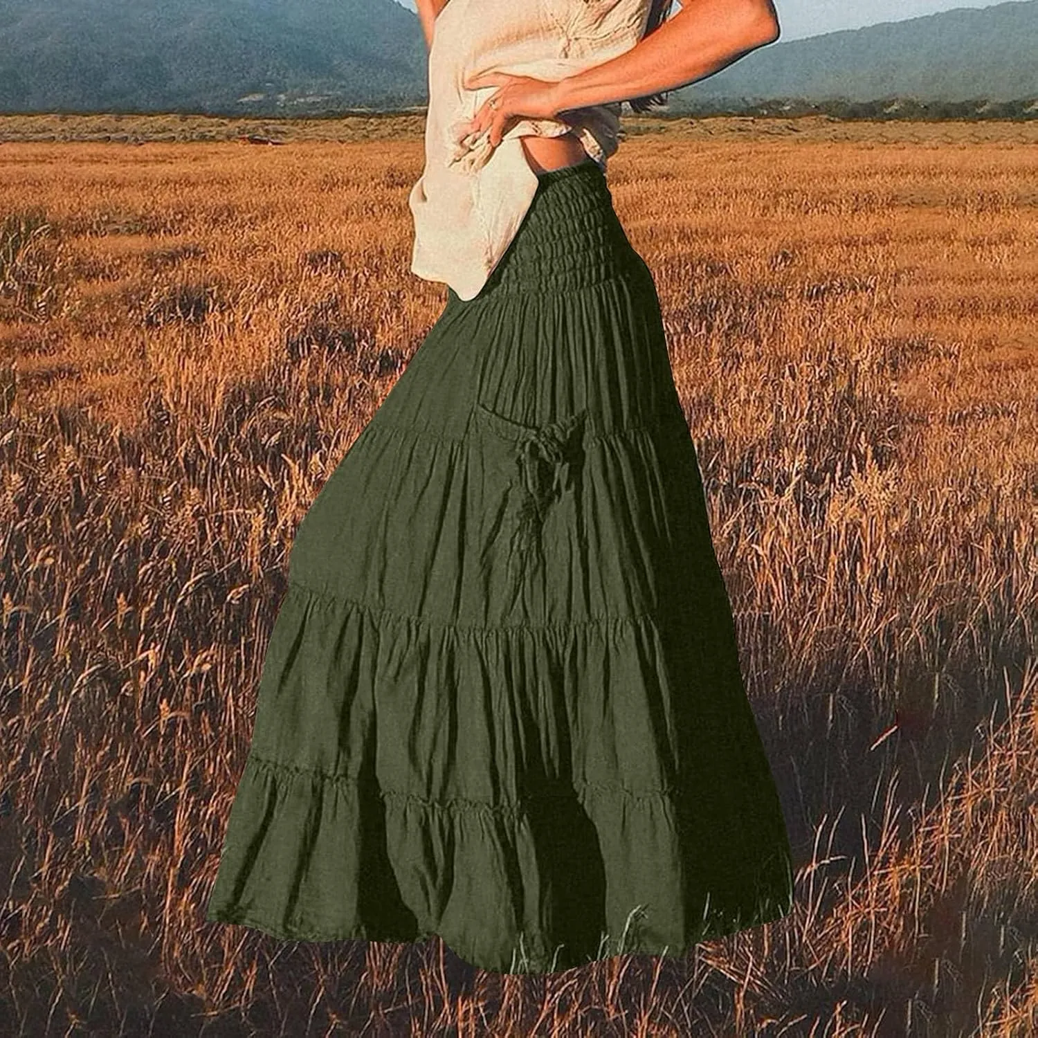 Maxi Skirts for Women Summer Elastic High Waist Flowy Boho Classic Pleated Tiered Beach Long Dress with Pockets