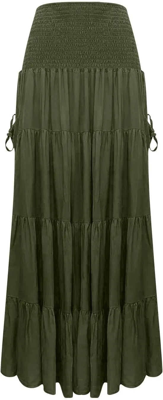 Maxi Skirts for Women Summer Elastic High Waist Flowy Boho Classic Pleated Tiered Beach Long Dress with Pockets