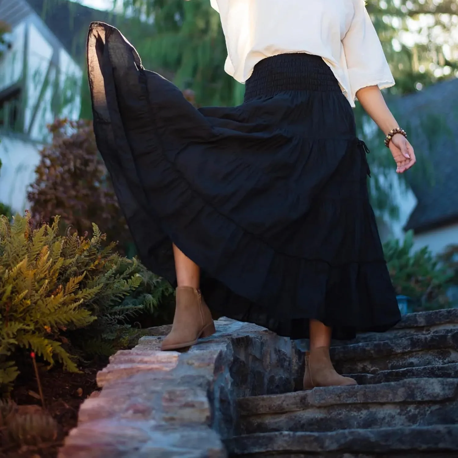 Maxi Skirts for Women Summer Elastic High Waist Flowy Boho Classic Pleated Tiered Beach Long Dress with Pockets