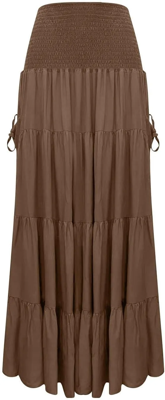 Maxi Skirts for Women Summer Elastic High Waist Flowy Boho Classic Pleated Tiered Beach Long Dress with Pockets