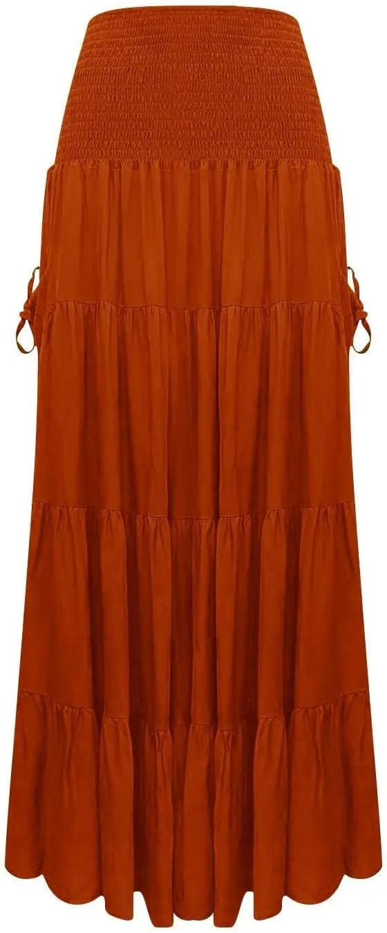 Maxi Skirts for Women Summer Elastic High Waist Flowy Boho Classic Pleated Tiered Beach Long Dress with Pockets