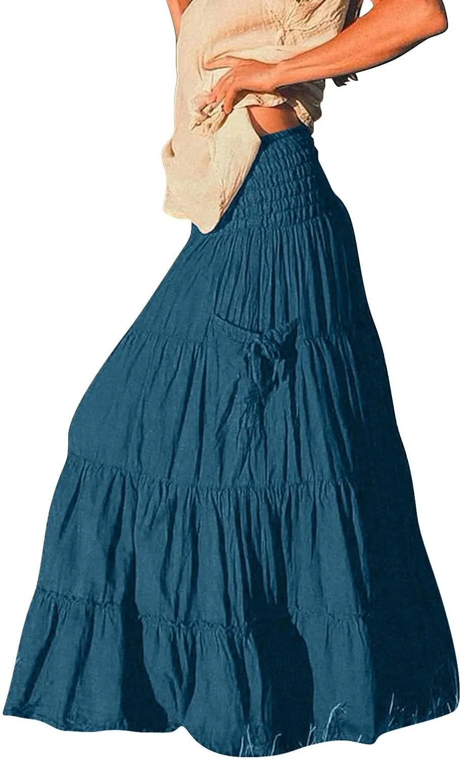 Maxi Skirts for Women Summer Elastic High Waist Flowy Boho Classic Pleated Tiered Beach Long Dress with Pockets