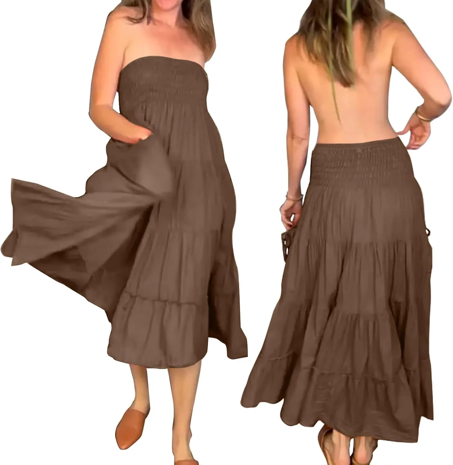 Maxi Skirts for Women Summer Elastic High Waist Flowy Boho Classic Pleated Tiered Beach Long Dress with Pockets