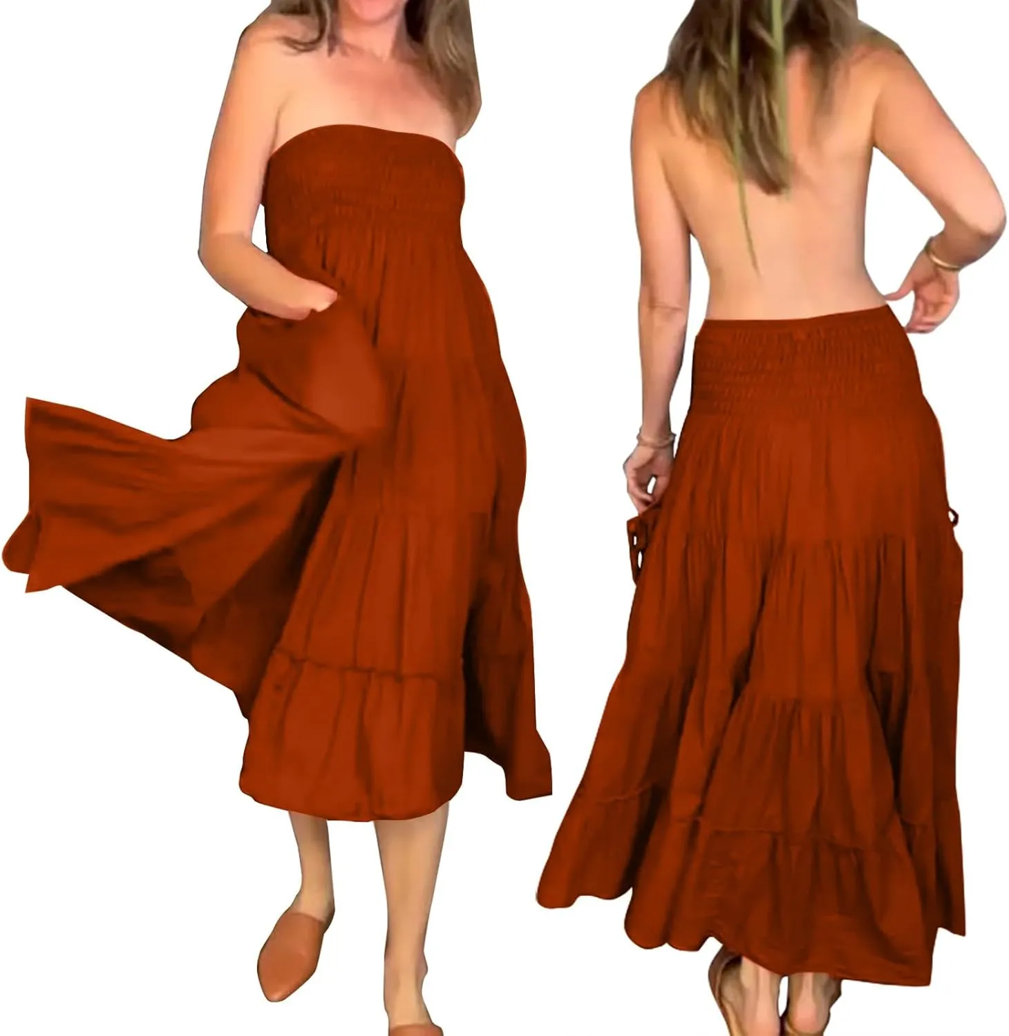 Maxi Skirts for Women Summer Elastic High Waist Flowy Boho Classic Pleated Tiered Beach Long Dress with Pockets