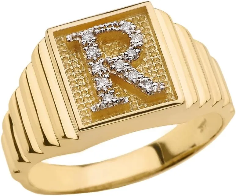 Men's 10k Yellow Gold Layered Band Square Face Diamond Initial Letter R Ring