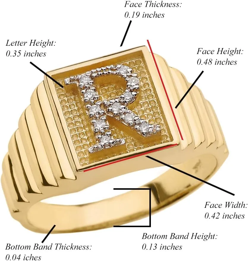 Men's 10k Yellow Gold Layered Band Square Face Diamond Initial Letter R Ring