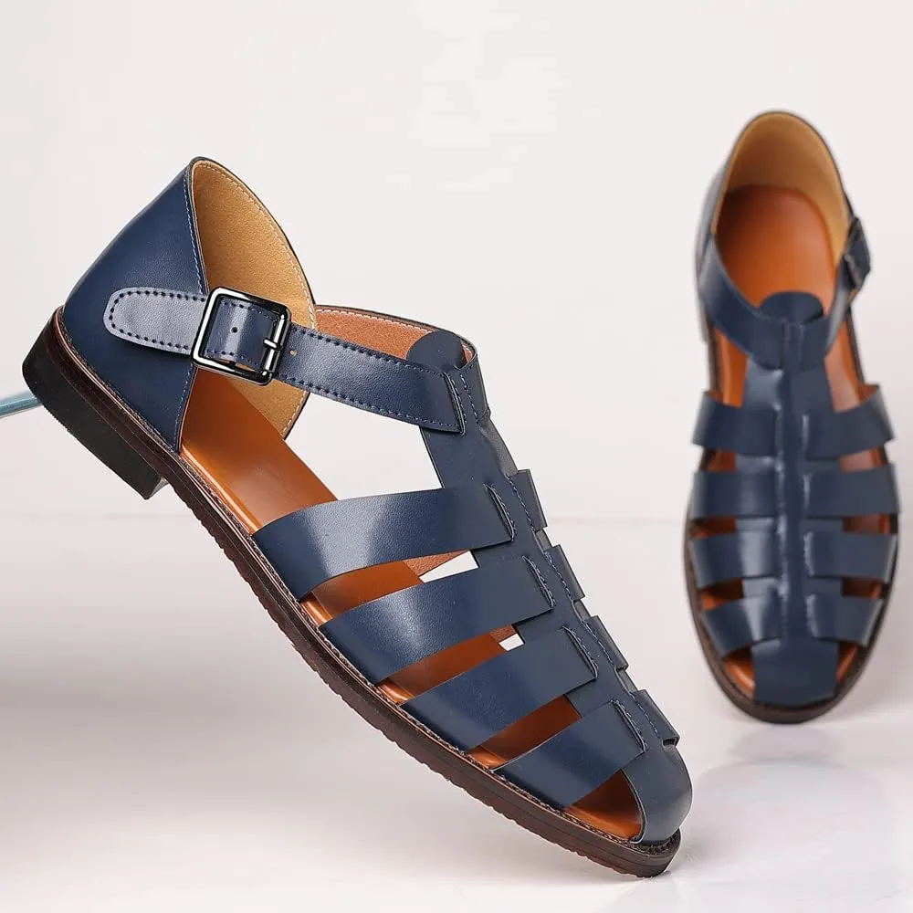 Mens Closed Toe Sandals Ankle Buckle Hollow Out Roman Shoes Outdoor Fisherman Adjustable Beach Summer Sandals Anti Slip Flat Sandals Comfort Casual Walking Shoes Lightweight T-Strap Ankle Strap Sandal