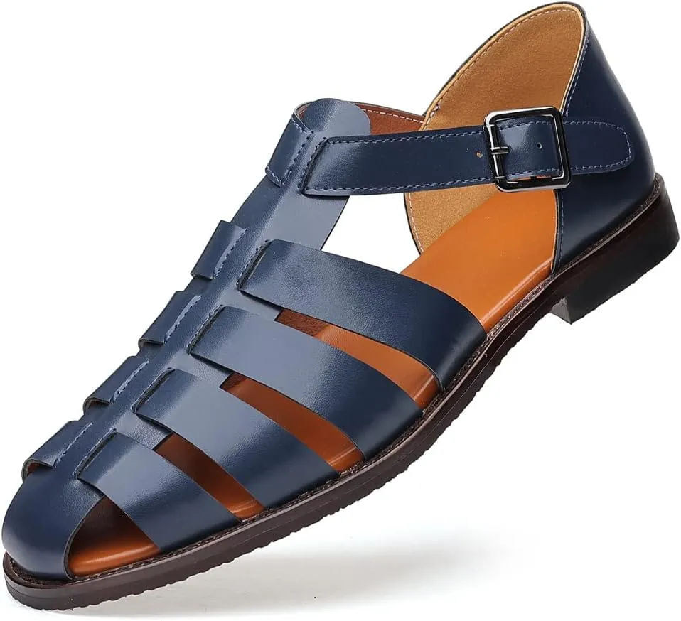 Mens Closed Toe Sandals Ankle Buckle Hollow Out Roman Shoes Outdoor Fisherman Adjustable Beach Summer Sandals Anti Slip Flat Sandals Comfort Casual Walking Shoes Lightweight T-Strap Ankle Strap Sandal