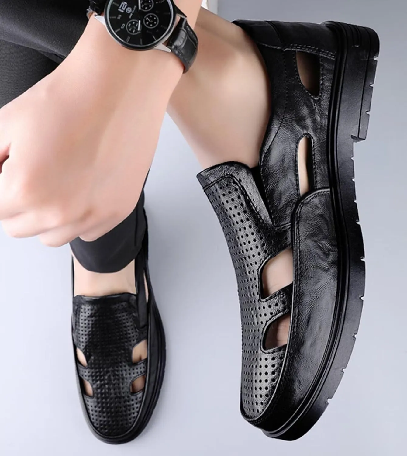 Men's Fisherman Sandals Summer Leather Breathable Outdoor Sandals Closed Toe Business Sandals Athletic Hiking Sandals
