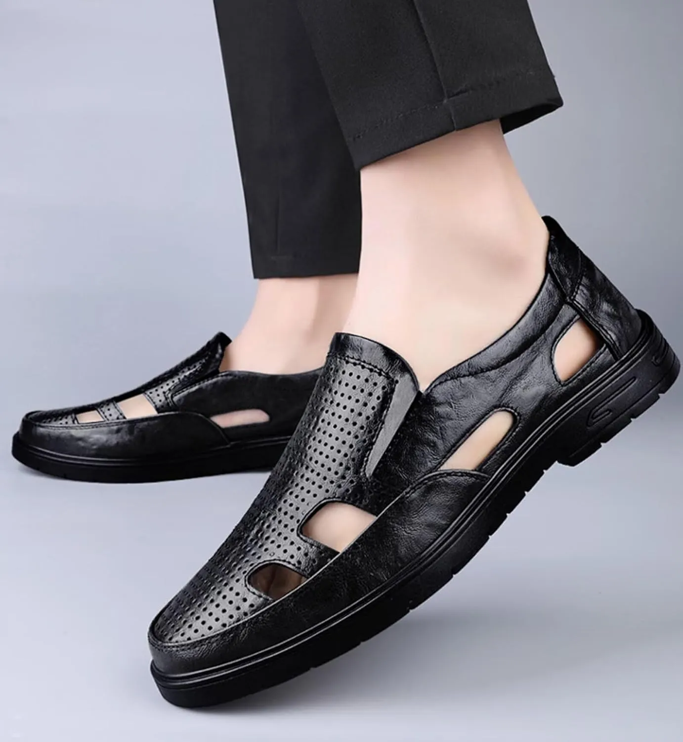 Men's Fisherman Sandals Summer Leather Breathable Outdoor Sandals Closed Toe Business Sandals Athletic Hiking Sandals