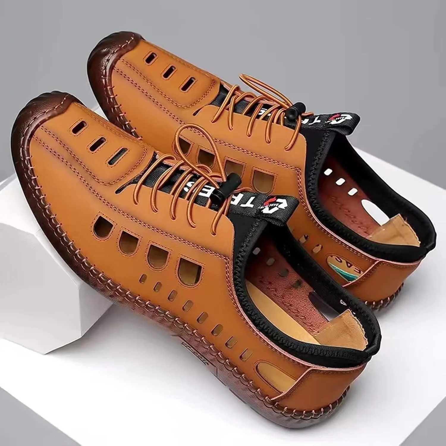 Men's SandalMen's Closed Toe Leather Sandals2023 Summer Men's Soft Leather Casual Men's Shoes Soft Bottom Men's Casual Hollow cave Shoes Breathable Leather Sandals (Color : Yellow-Brown, Size : 8.