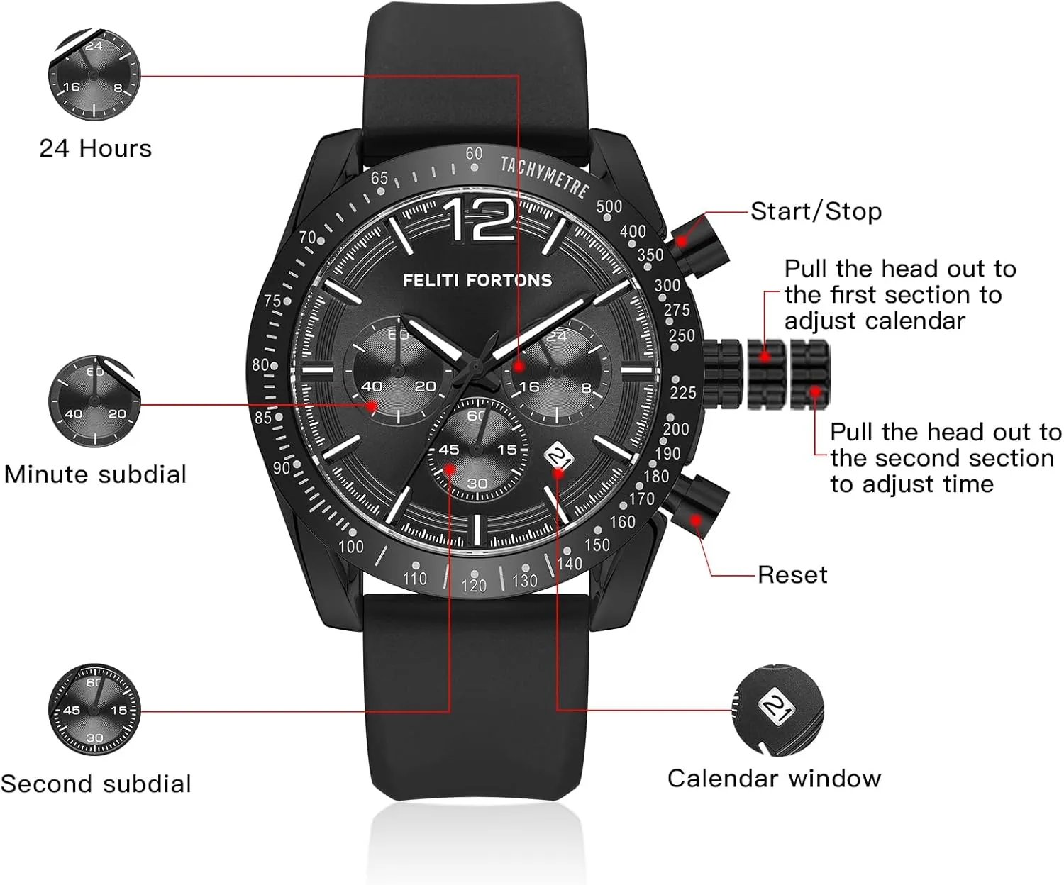 Mens Watches Sport Tonneau 3ATM Waterproof Chronograph Luminous Quartz Watches of Men Silicone Strap with Gift for Men
