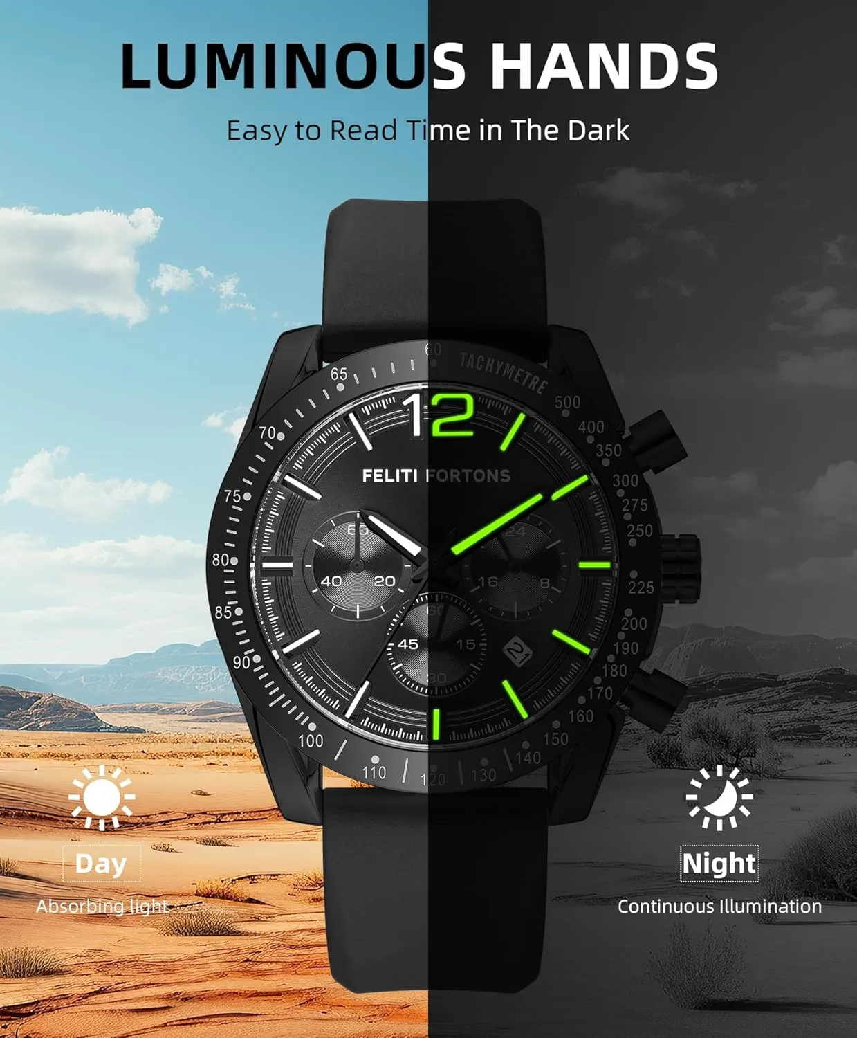 Mens Watches Sport Tonneau 3ATM Waterproof Chronograph Luminous Quartz Watches of Men Silicone Strap with Gift for Men