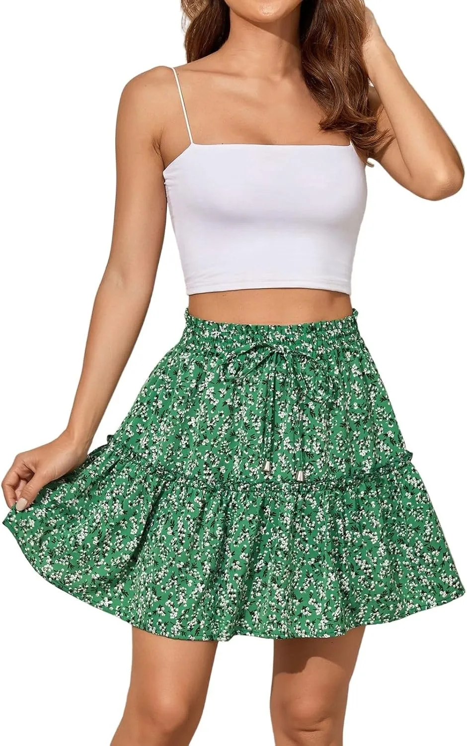 midelxp Summer Floral Mini Skirts for Women Trendy Tiered Elastic High Waisted Skirts Sexy Vacation A-Line Swing Short Skirt