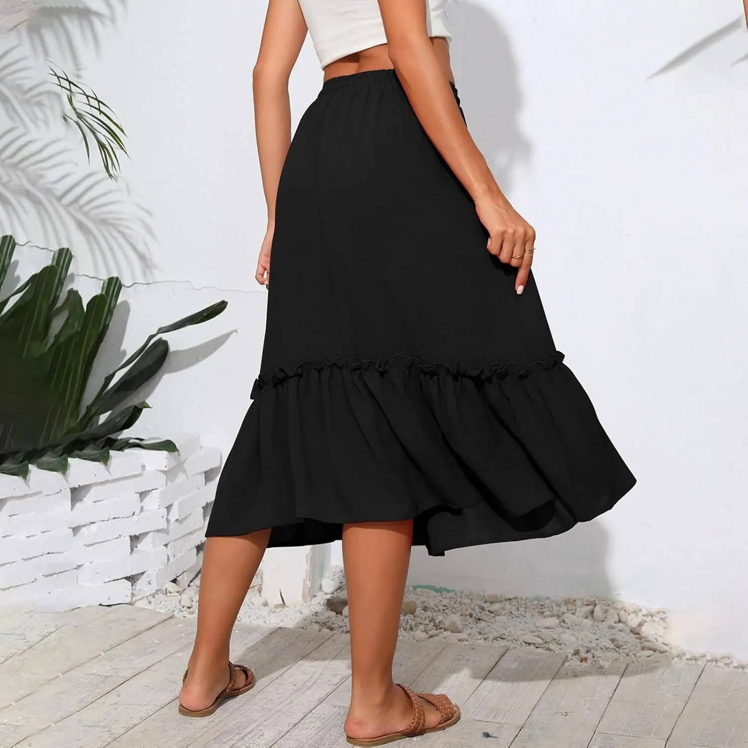 Midi Skirts for Women Boho Drawstring Waist Beach Skirt with Pockets Casual Flowy Swing Pleated A Line Skirts