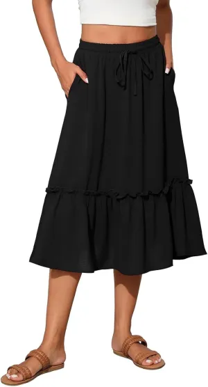 Midi Skirts for Women Boho Drawstring Waist Beach Skirt with Pockets Casual Flowy Swing Pleated A Line Skirts