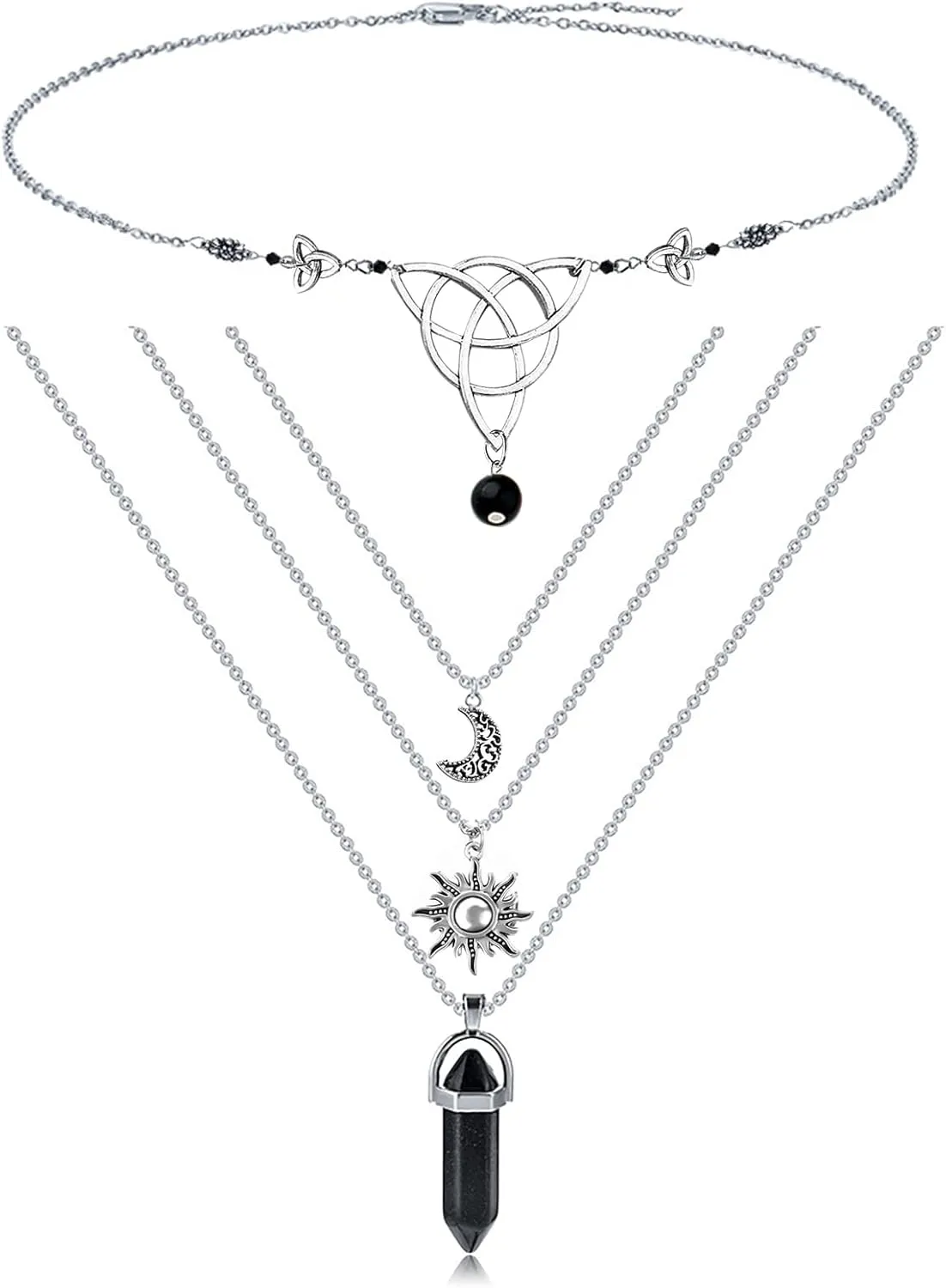 MJartoria Sun and Moon Necklace with Headwear Pentacle Crystal Chakra Pendant Layered Necklaces for Women Choker Necklace Gothic Jewelry Goth Accessories