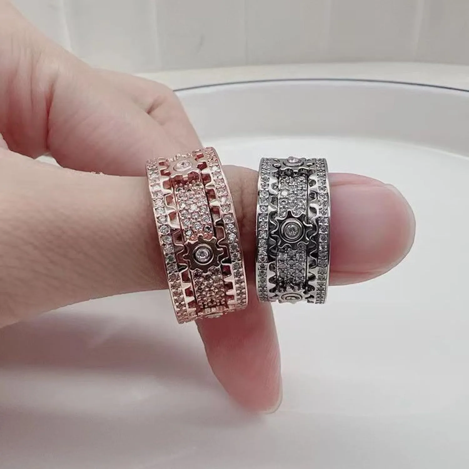Mom Spinner Ring Statement Boho Handmade Unique Jewelry for Men Women Anxiety Stress Reliving Ring Birthday Mothers Day Gifts for Mom 6-Star Full Diamond rotatable Couple Engagement RingROSEGOLD-12