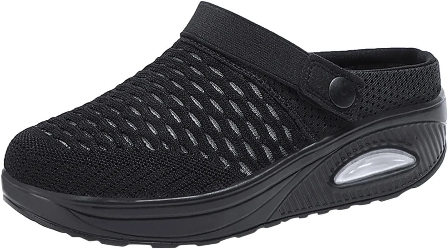 Mules Clogs for Women Air Cushion Mules Sneaker Breathable Mesh Platform Wedge Sandals Arch-Support Closed Toe Outdoor Slippers