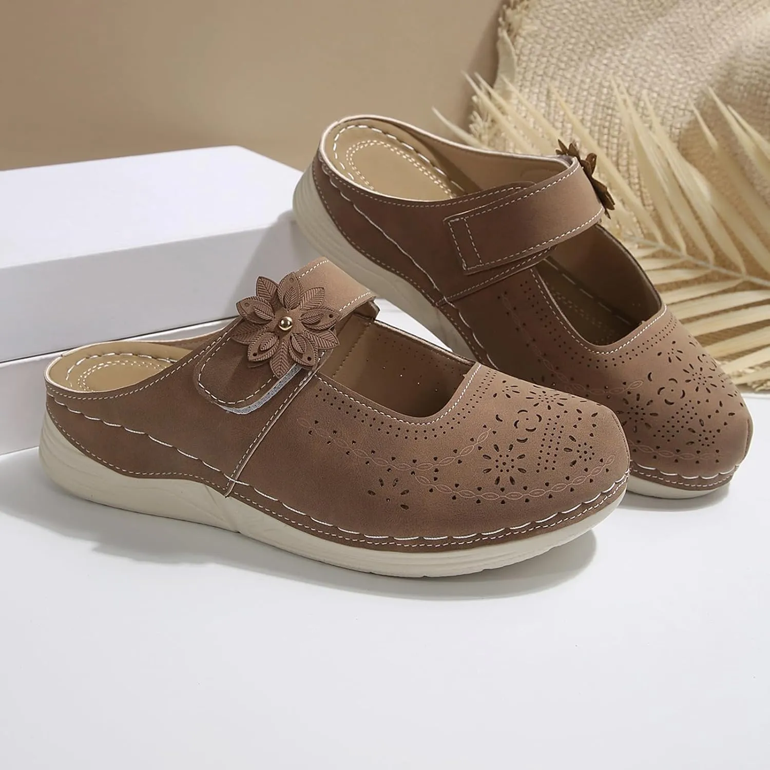 Mules for Women Leather Mary Jane Clogs Dressy Casual Slip On Comfortable Wedge Flowers Sandals Lightweight Closed Toe Sandal Outdoor Boho Beach Shoes with Arch Support