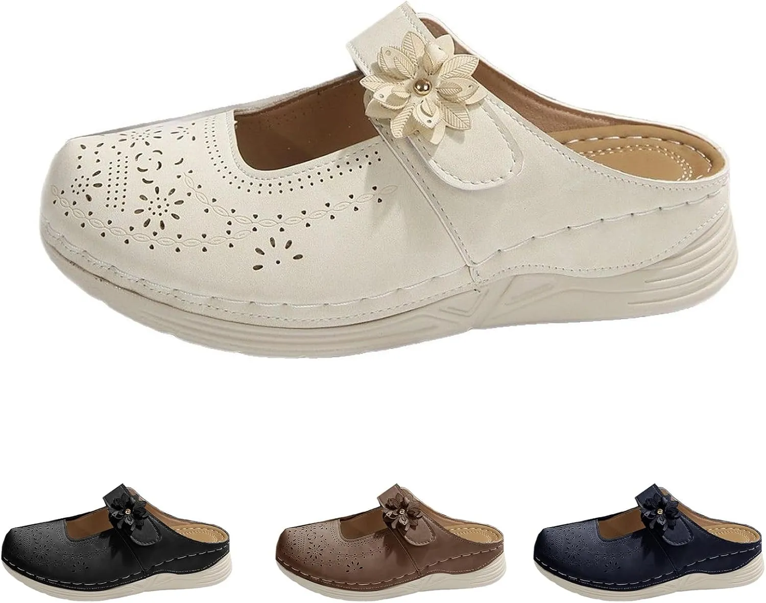 Mules for Women Leather Mary Jane Clogs Dressy Casual Slip On Comfortable Wedge Flowers Sandals Lightweight Closed Toe Sandal Outdoor Boho Beach Shoes with Arch Support