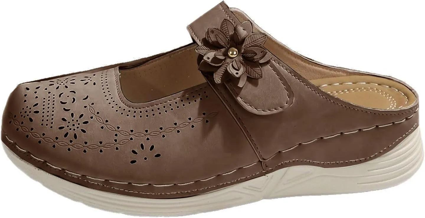 Mules for Women Leather Mary Jane Clogs Dressy Casual Slip On Comfortable Wedge Flowers Sandals Lightweight Closed Toe Sandal Outdoor Boho Beach Shoes with Arch Support