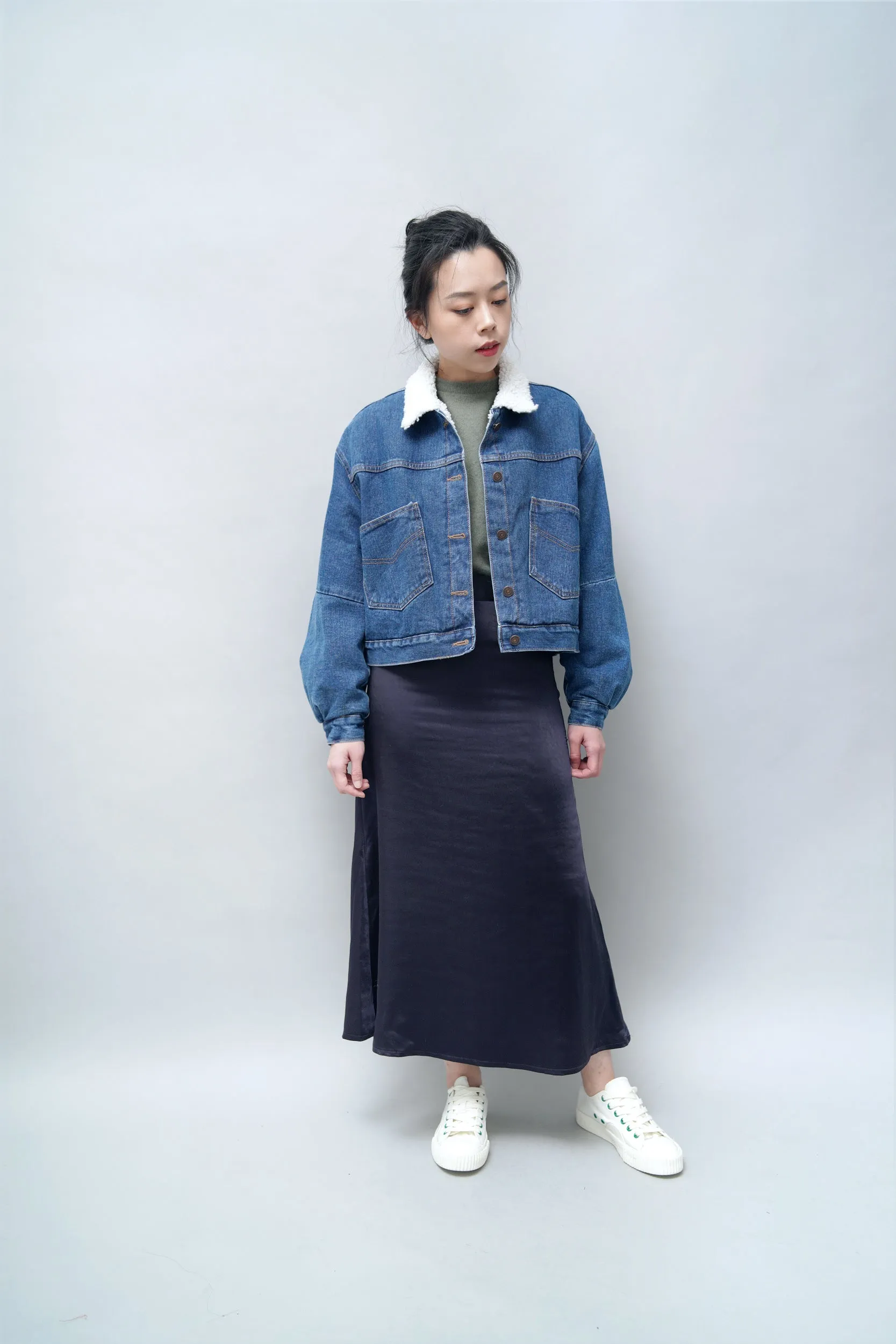 Navy satin midi skirt