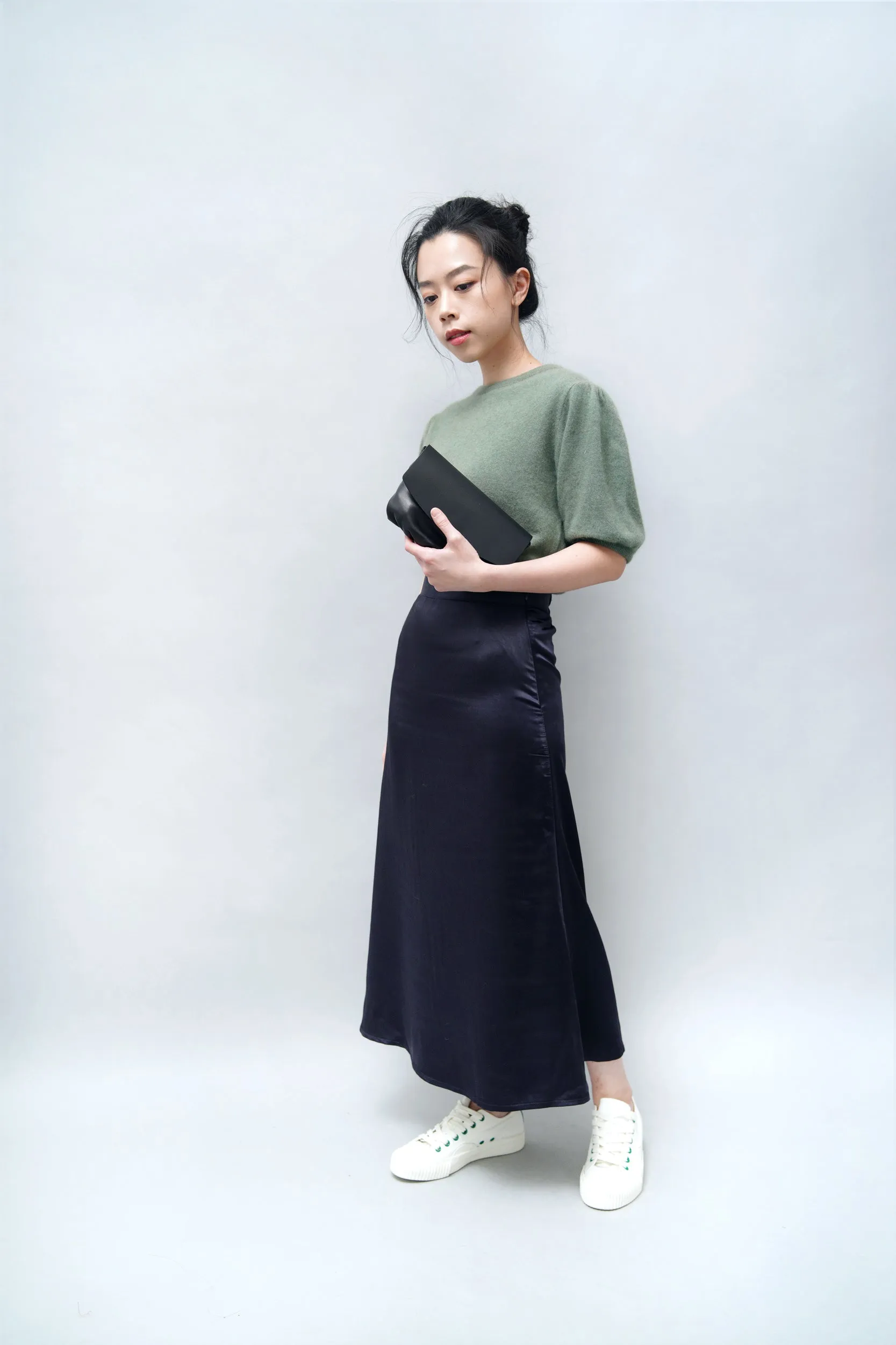 Navy satin midi skirt