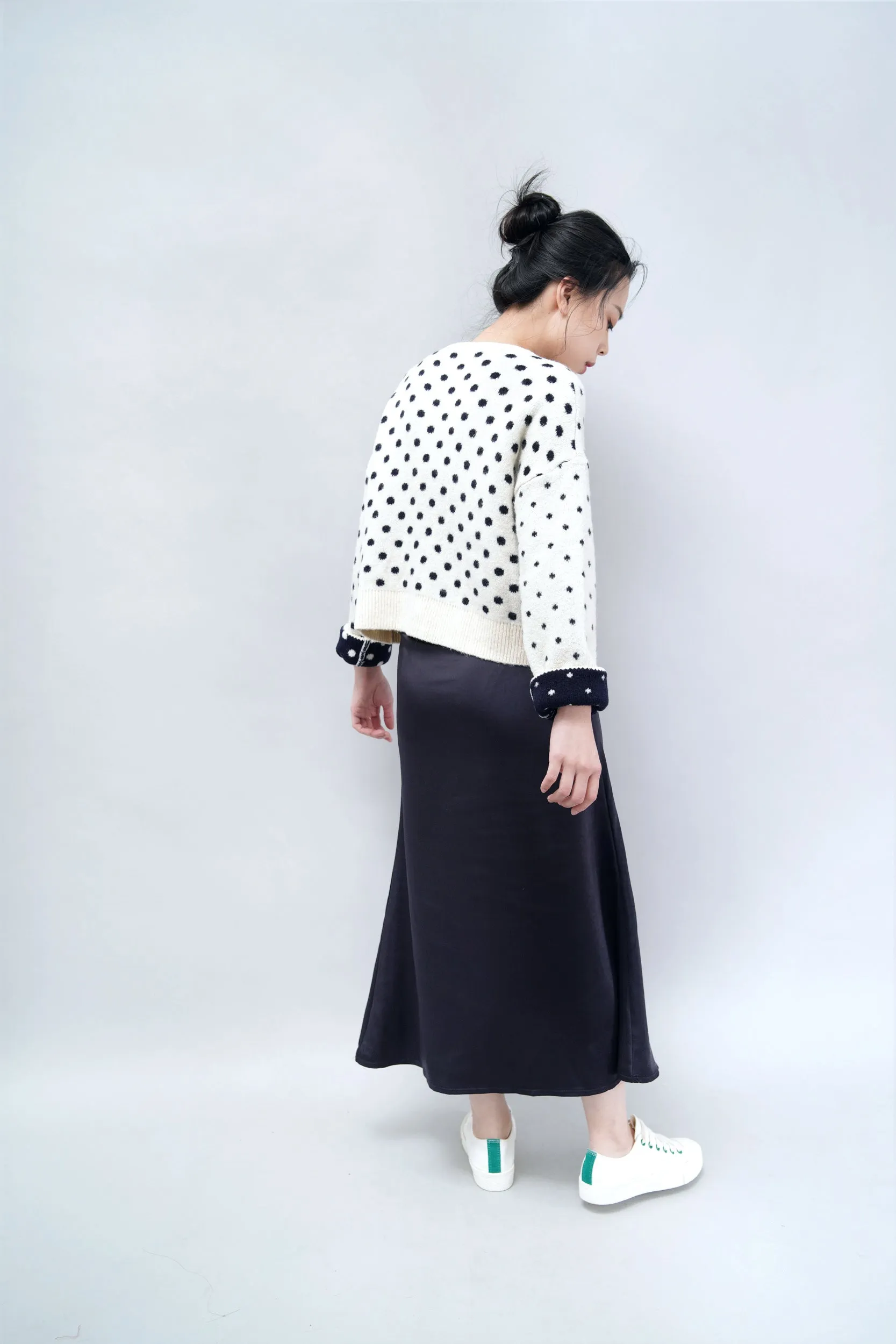 Navy satin midi skirt
