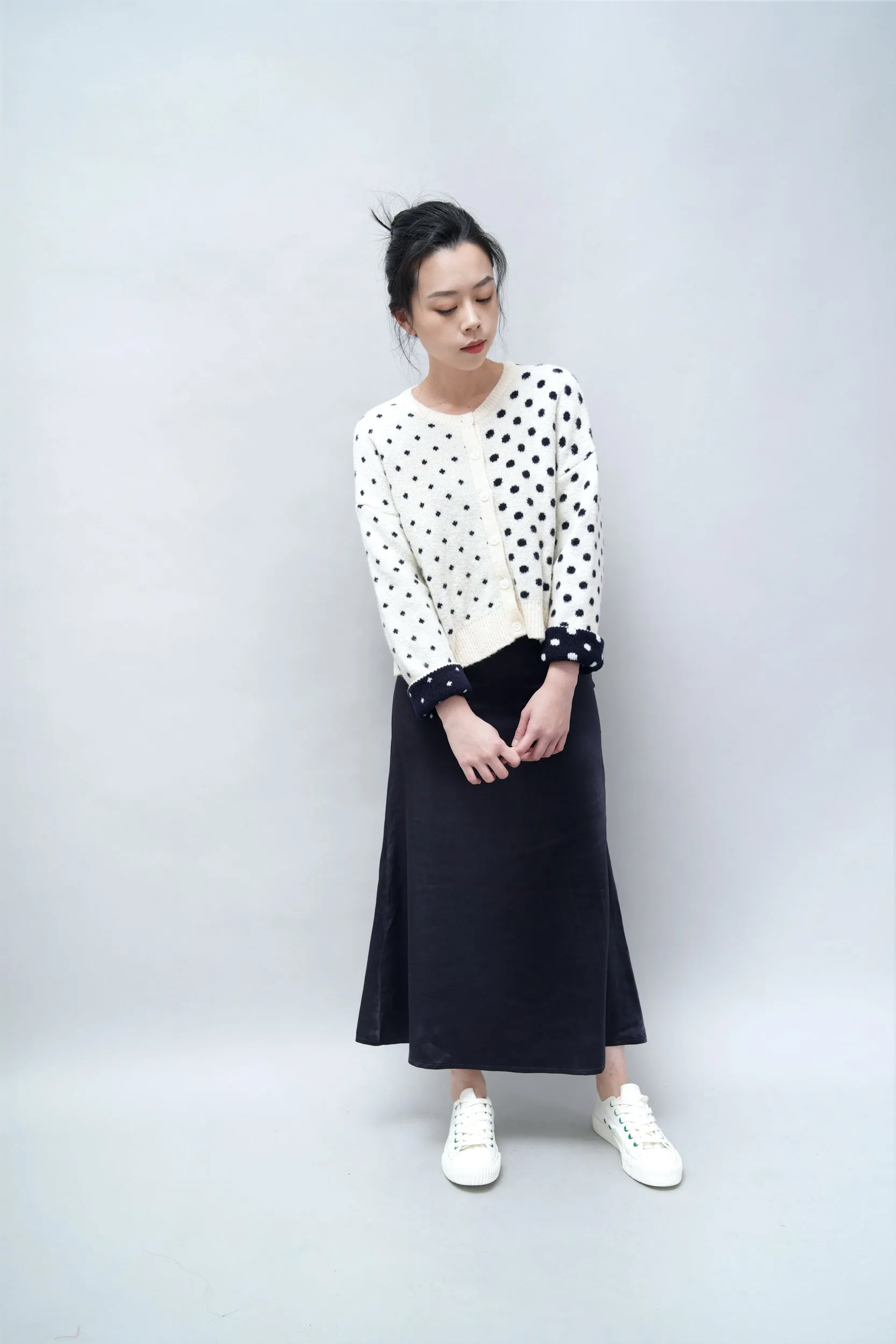 Navy satin midi skirt