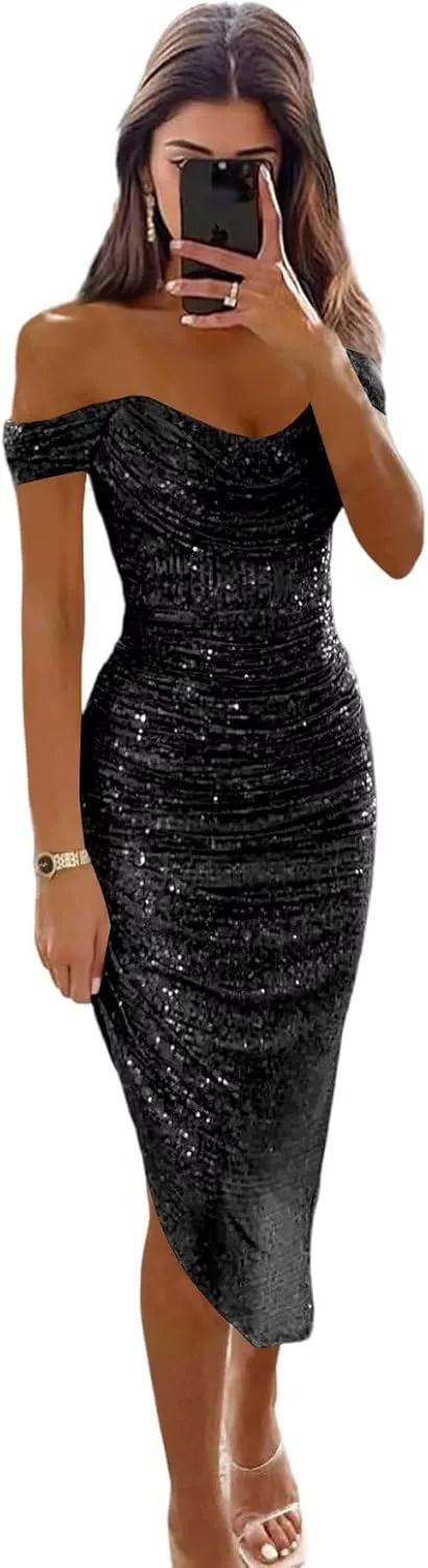 Off The Shoulder Prom Dresses Mermaid for Women 2025 Saprkly Sequin Pleated Formal Midi Gowns