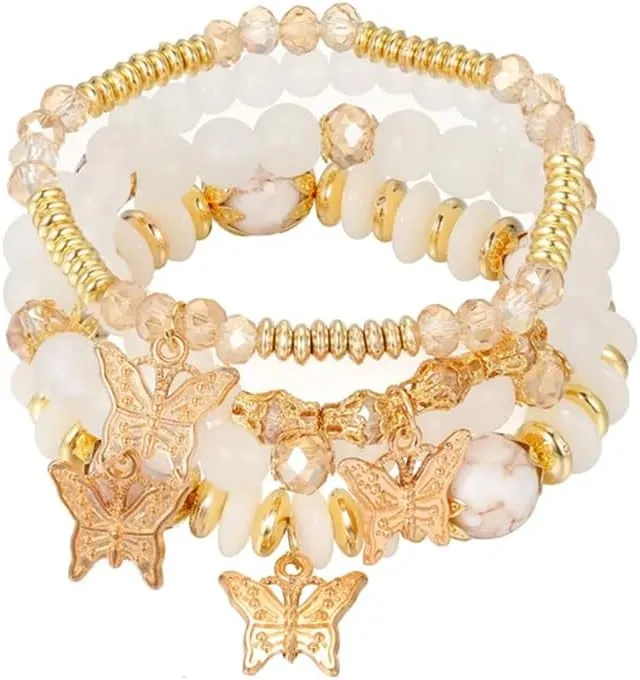 OIDIMS 4Pcs Boho Butterfly Crystal Stone Stretch Bracelets Multi-Layer Beaded Stackable Anklet Bracelet Set Handmade Bohemian Butterfly Charm Hippie Bracelets for Women Gift Holiday Birthday