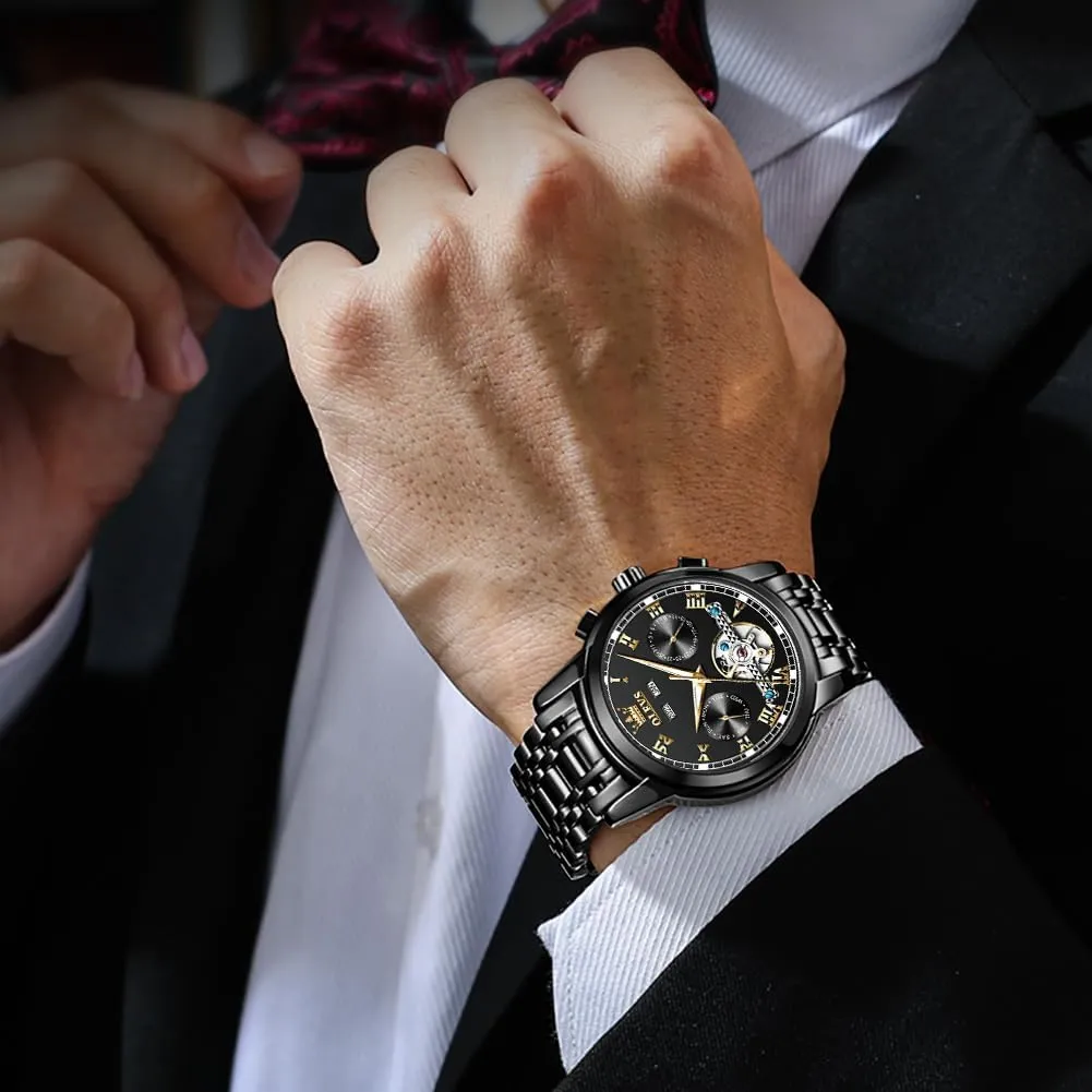 OLEVS Automatic Watch(No Battery Required) Men's Wrist Watches Self-Wind Mechanical Watches Fashion Classic Tourbillon Skeleton Watch Black Blue Green Face,Adjustable Bracelet (Gift Tool)