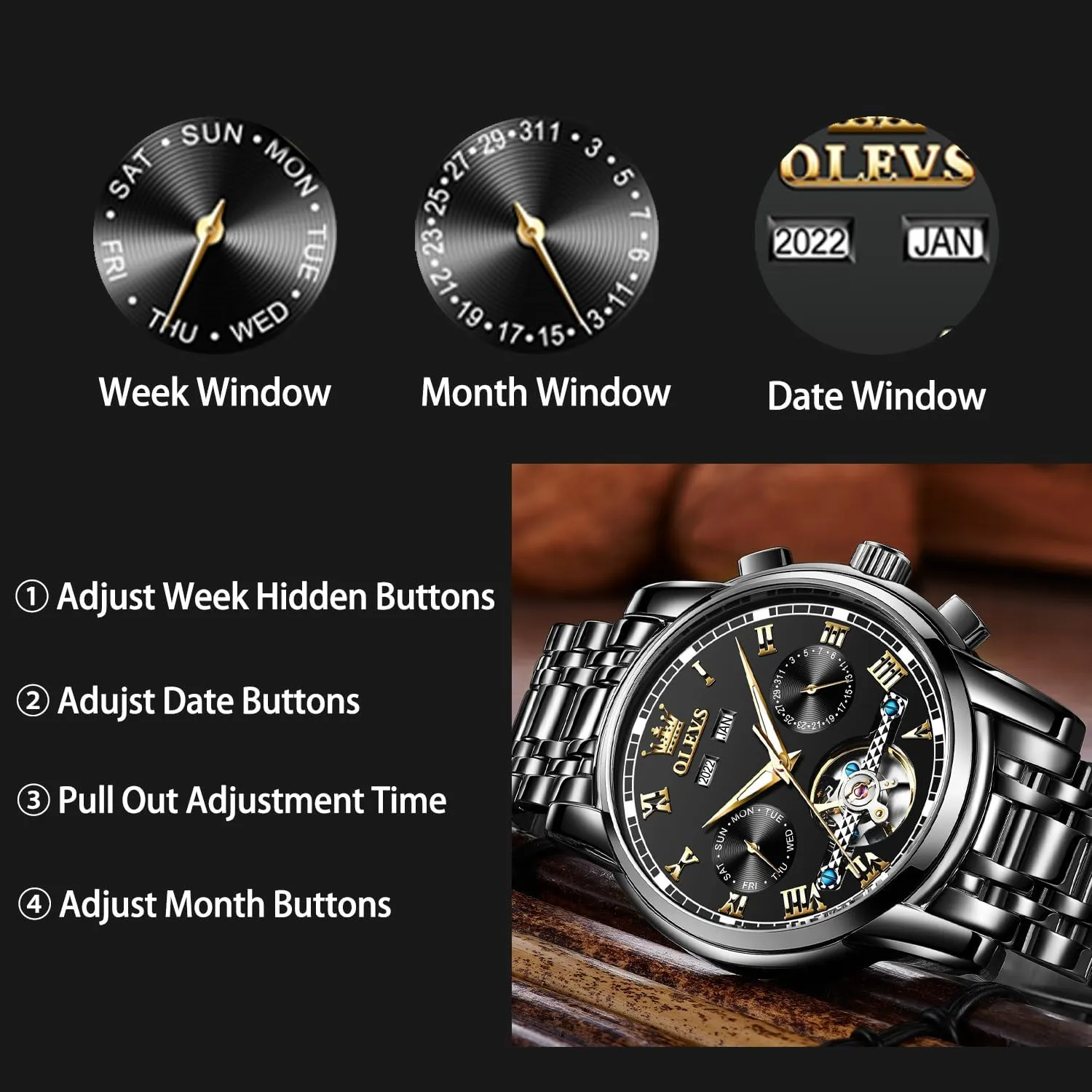 OLEVS Automatic Watch(No Battery Required) Men's Wrist Watches Self-Wind Mechanical Watches Fashion Classic Tourbillon Skeleton Watch Black Blue Green Face,Adjustable Bracelet (Gift Tool)