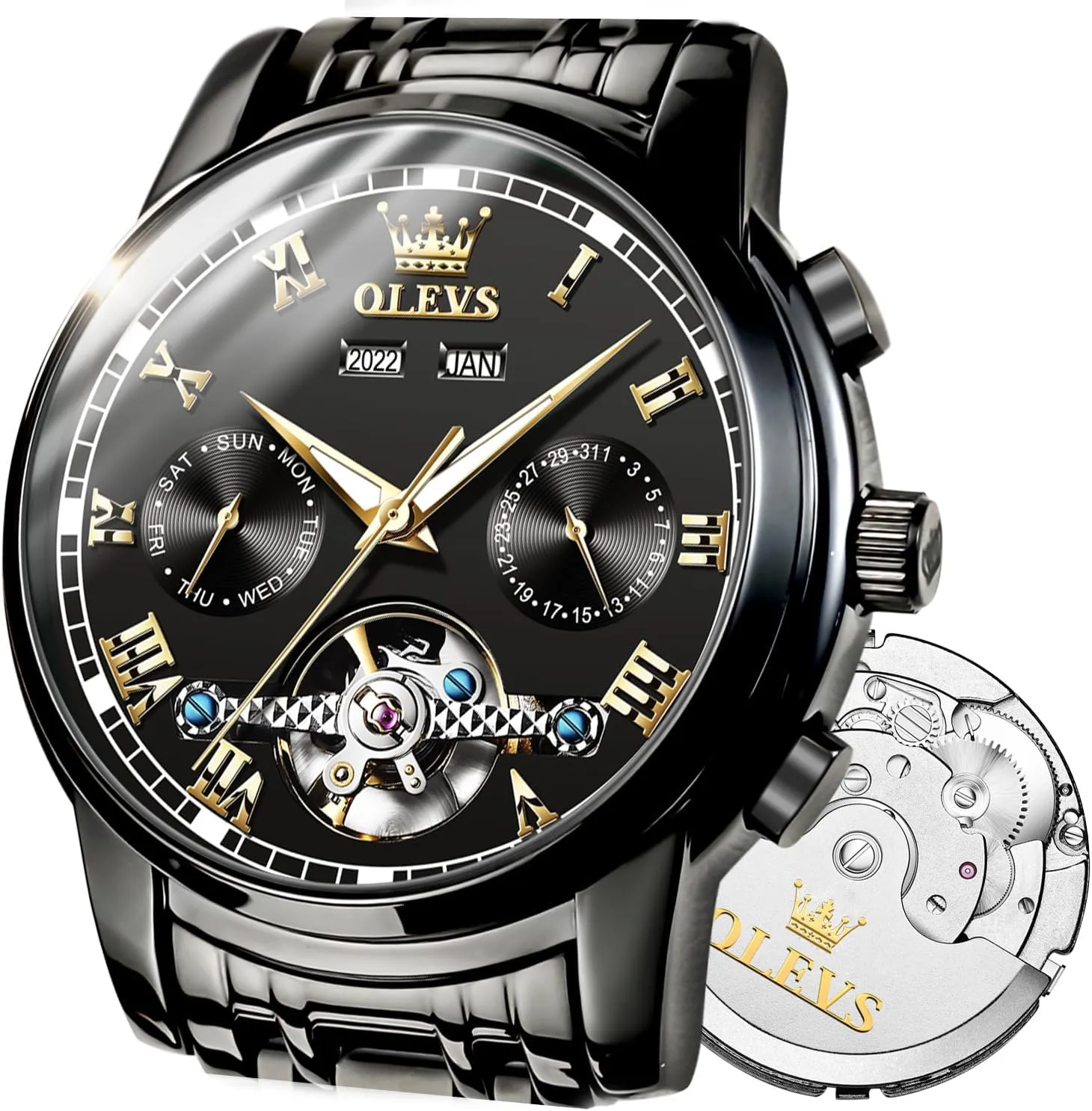OLEVS Automatic Watch(No Battery Required) Men's Wrist Watches Self-Wind Mechanical Watches Fashion Classic Tourbillon Skeleton Watch Black Blue Green Face,Adjustable Bracelet (Gift Tool)