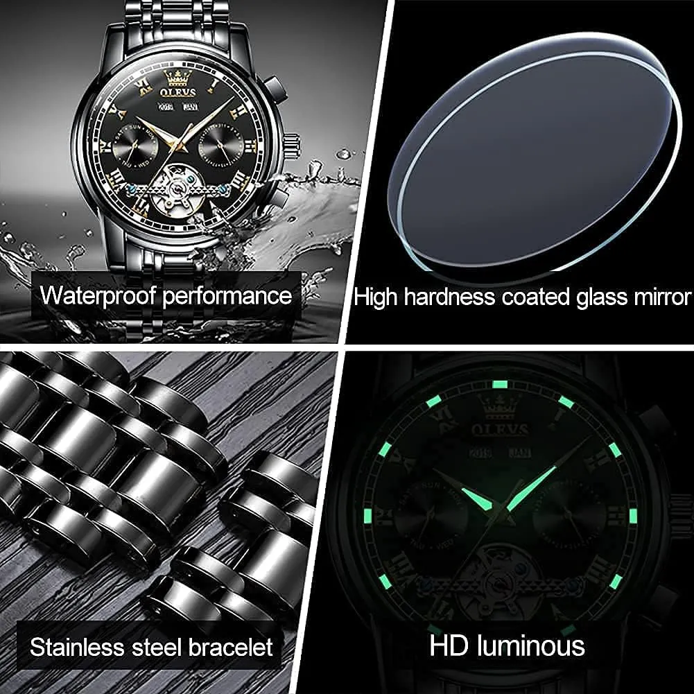 OLEVS Automatic Watch(No Battery Required) Men's Wrist Watches Self-Wind Mechanical Watches Fashion Classic Tourbillon Skeleton Watch Black Blue Green Face,Adjustable Bracelet (Gift Tool)