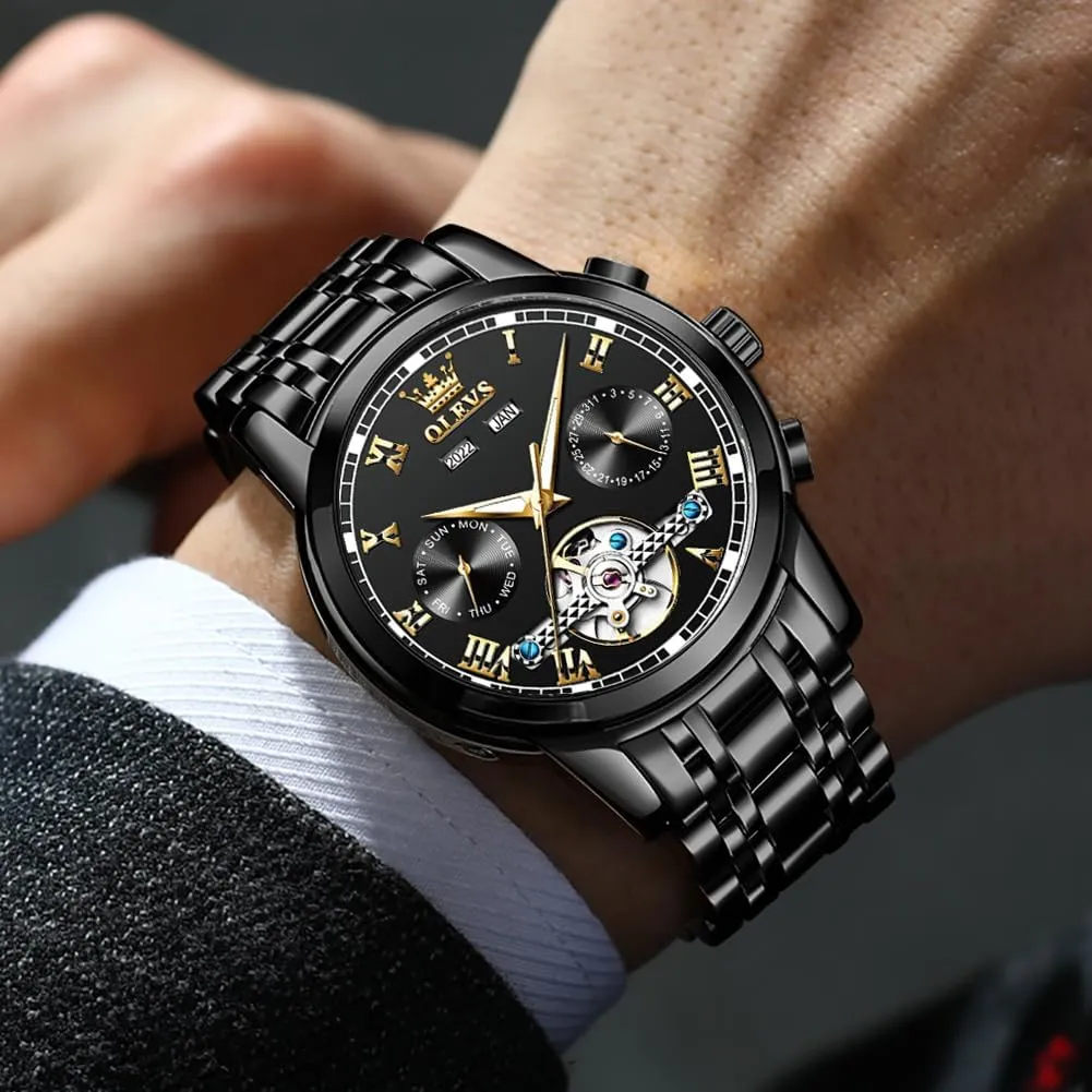 OLEVS Automatic Watch(No Battery Required) Men's Wrist Watches Self-Wind Mechanical Watches Fashion Classic Tourbillon Skeleton Watch Black Blue Green Face,Adjustable Bracelet (Gift Tool)