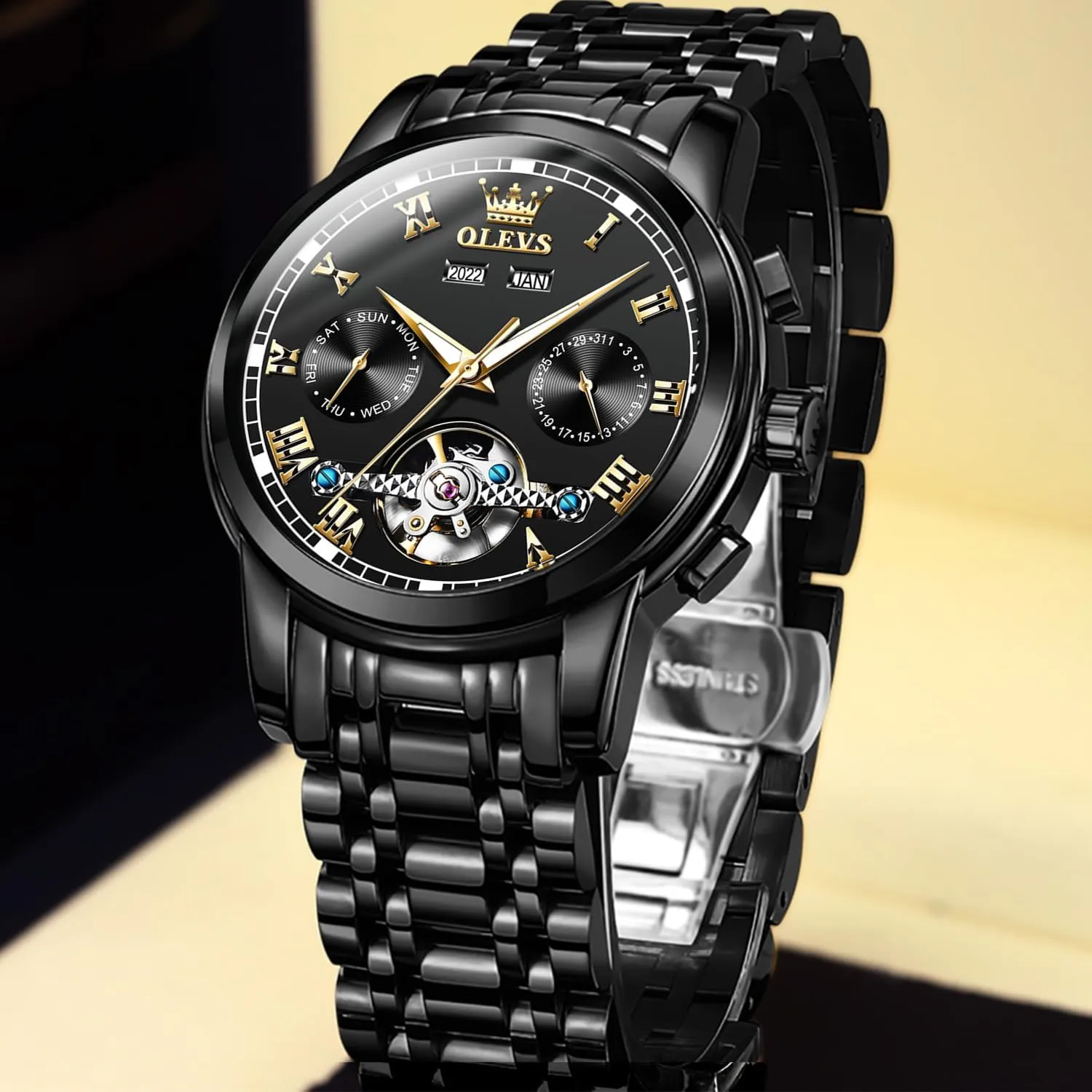 OLEVS Automatic Watch(No Battery Required) Men's Wrist Watches Self-Wind Mechanical Watches Fashion Classic Tourbillon Skeleton Watch Black Blue Green Face,Adjustable Bracelet (Gift Tool)