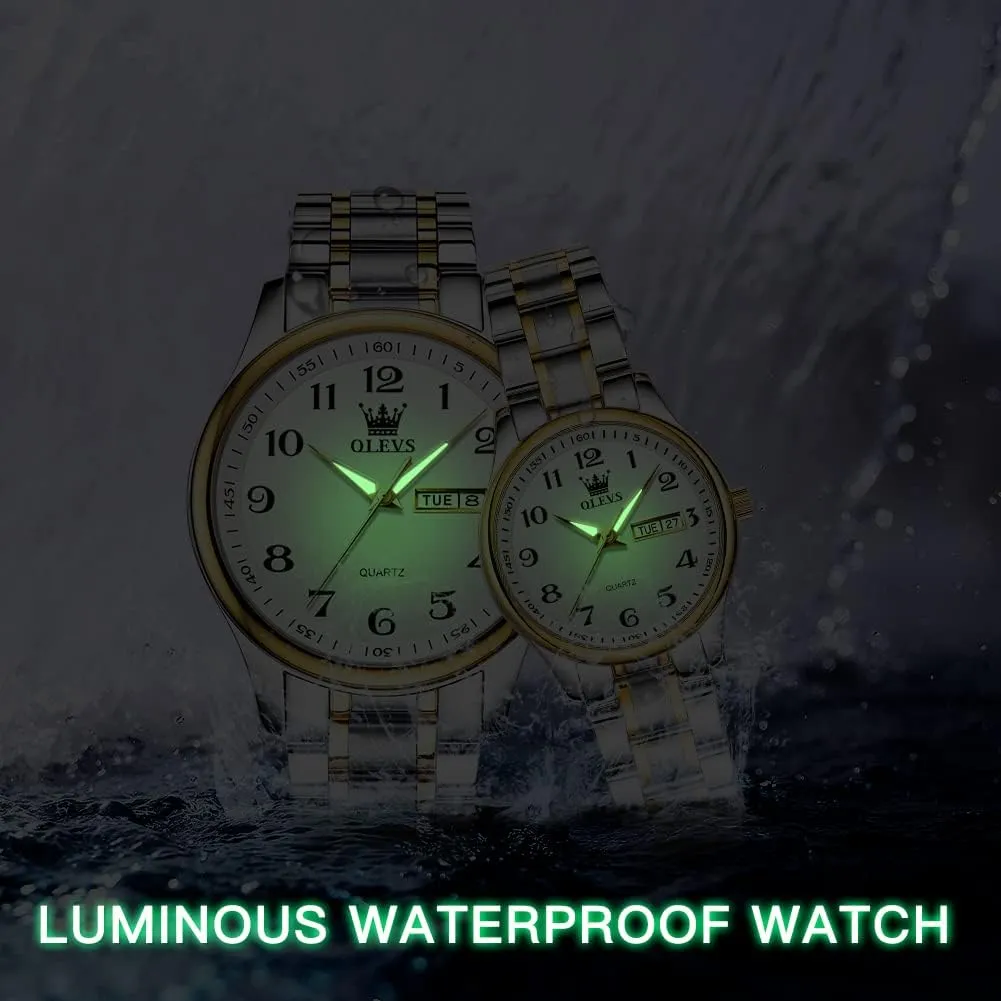 OLEVS His and Her Couple Watches Business Men Women Couple Set Pair Black Watch Matching Romantic Quartz Stainless Steel Waterproof Date