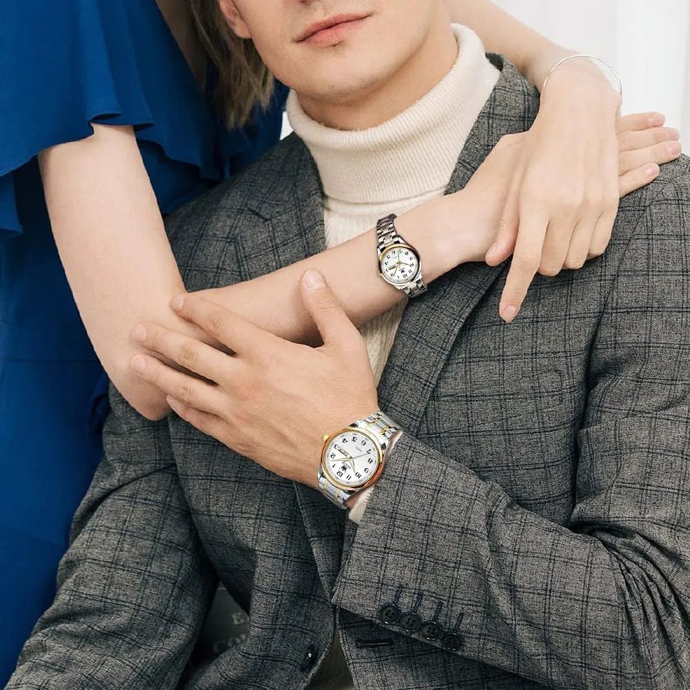 OLEVS His and Her Couple Watches Business Men Women Couple Set Pair Black Watch Matching Romantic Quartz Stainless Steel Waterproof Date