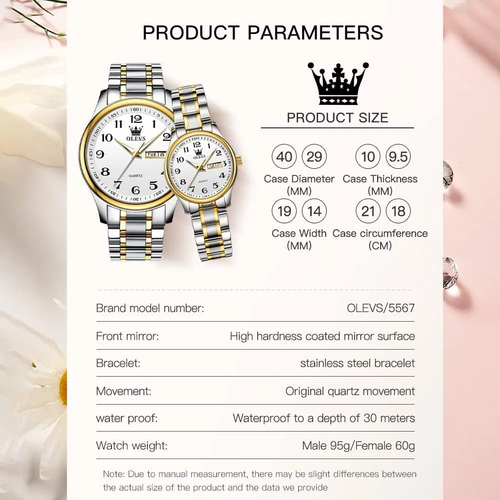 OLEVS His and Her Couple Watches Business Men Women Couple Set Pair Black Watch Matching Romantic Quartz Stainless Steel Waterproof Date