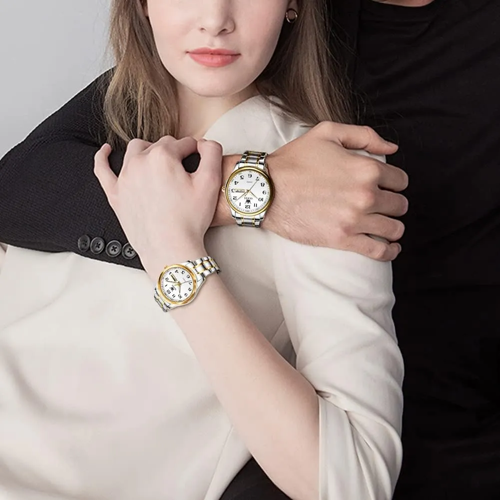 OLEVS His and Her Couple Watches Business Men Women Couple Set Pair Black Watch Matching Romantic Quartz Stainless Steel Waterproof Date