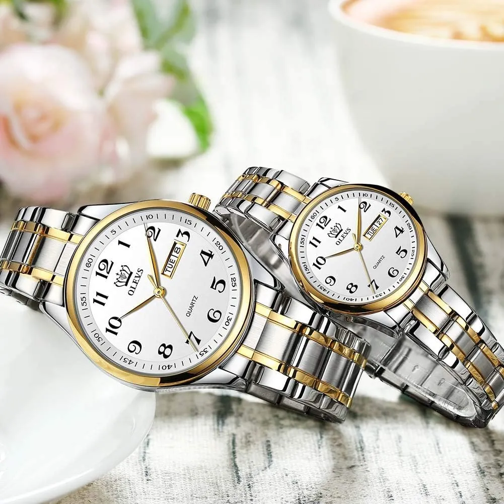 OLEVS His and Her Couple Watches Business Men Women Couple Set Pair Black Watch Matching Romantic Quartz Stainless Steel Waterproof Date